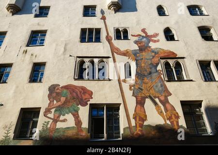 Goliathhaus with fresco by David and Goliath, old town, Regensburg, Upper Palatinate, Bavaria, Germany Stock Photo