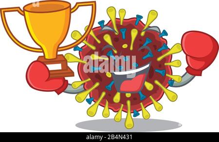 Happy face of boxing winner corona virus molecule in mascot design style Stock Vector