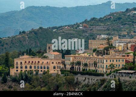 San Domenico Palace Hotel on steep slope, Taormina, Southern Italy, Europe, Sicily, Italy Stock Photo