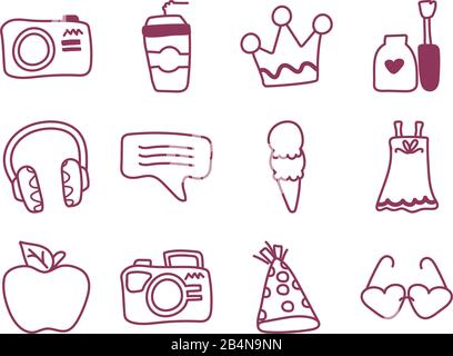 set of icons of girl on white background, line style icon vector illustration design Stock Vector