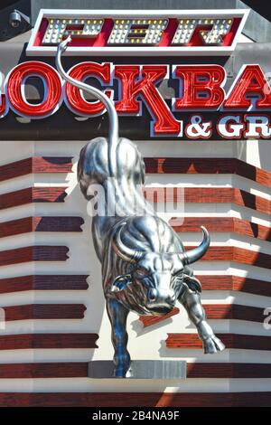 Las Vegas NV, USA 09-14-14 PBR Rock Bar at Planet Hollywood Resort & Casino has its icon on the Strip with its large metal bull Stock Photo