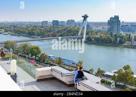 Bratislava (Pressburg), river Donau (Danube), Most SNP (Bridge of the Slovak National Uprising), UFO restaurant in Slovakia, Stock Photo