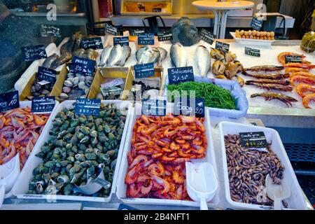 Fish and seafood market. Trouville-sur-Mer is a French seaside resort in the Calvados department in Normandy. Stock Photo