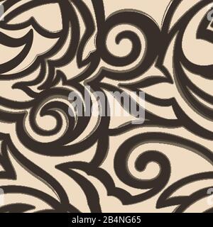 Vector texture of beige color isolated on brown background. Spirals and broken abstract shapes. Floral pattern for fabrics or packaging. Ornament with Stock Vector