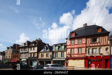 Dol-de-Bretagne is a commune in the Ille-et-Vilaine department in the Brittany region. Awarded as 'Petite cité de caractère', small place with character. Half-timbered houses line the Grand Rue de Stuarts. Stock Photo