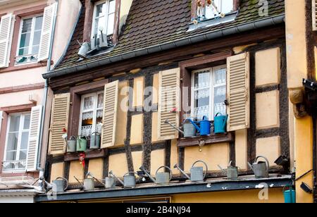 Colmar is a city in Alsace in France. The old town is characterized by cobblestone streets and half-timbered houses from the Middle Ages and the Renaissance. Stock Photo