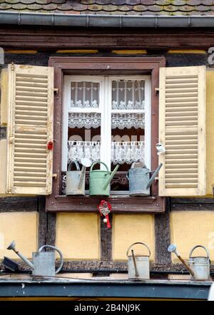 Colmar is a city in Alsace in France. The old town is characterized by cobblestone streets and half-timbered houses from the Middle Ages and the Renaissance. Stock Photo