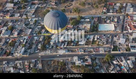 Hot air balloon over San Martin de los Piramides, State of Mexico, Mexico Stock Photo