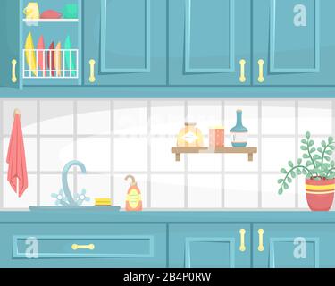 Kitchen interior with wooden cabinets. Sink on the countertop and dish. Flat vector illustration. Stock Vector