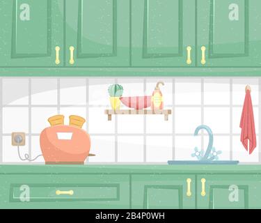Kitchen interior with wooden cabinets. Sink and toaster on the countertop. Flat vector illustration. Stock Vector