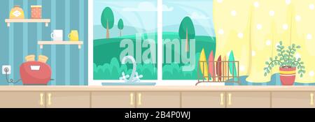 Kitchen interior with wooden cabinets. Flower pot, dish and toaster on the countertop. Sink near the window with a beautiful view. Flat vector illustr Stock Vector