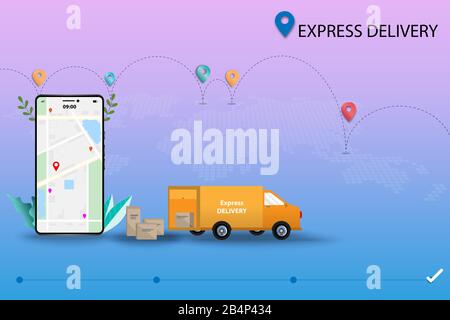 Business concept of express delivery, deliver the goods by van and online tracking by use an application on mobile phone. Stock Vector