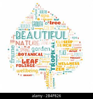 Words cloud in leaf shape containing words about nature Stock Vector