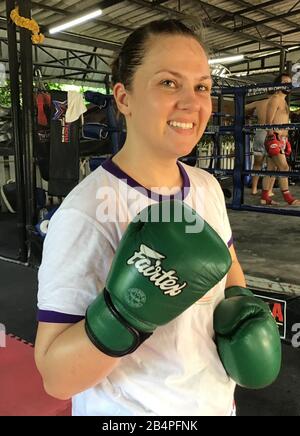 Bangkok, Thailand. 13th Feb, 2020. Bangkok-based Brit Emma Thomas at boxing  practice. Thai boxing is a bit like football in Germany. It's a national  sport with an audience of millions, shaped by men, but the women become  more visible. (to dpa Under the
