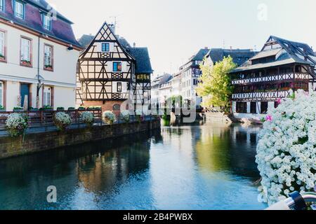 Traditional houses on beautiful canals in La Petite France medieval fairytale town of Strasbourg, UNESCO World Heritage Site, Alsace, France. Stock Photo