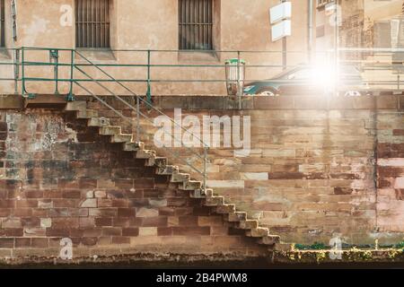 old brick stone staircase side view background Stock Photo