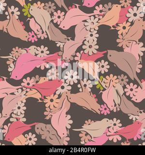 seamless pattern of bird flowers on a brown background. Vector image Stock Vector