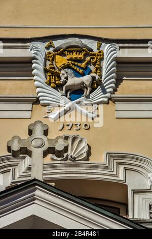Boncza coat of arms, Catholic Church symbols, 1730, at facade of Cathedral Basilica of Virgin Mary and St John the Baptist in Przemysl, Poland Stock Photo