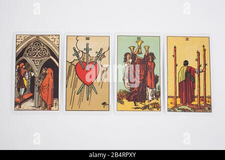 The Three of each of the suits of Tarot Cards Stock Photo