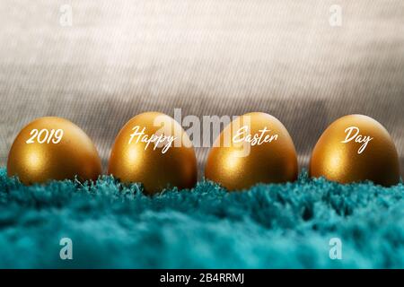 Golden Easter egg, happy Easter sunday hunt holiday decorations Stock Photo