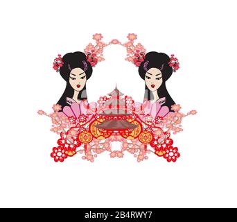 Asian girl holding traditional fan - abstract card Stock Vector