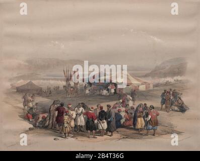Encampment of Pilgrims, Jericho Watercolor painting by David Roberts (1796-1864). An engraving reprint by Louis Haghe was published in a the book 'The Holy Land, Syria, Idumea, Arabia, Egypt and Nubia. in 1855 by D. Appleton & Co., 346 & 348 Broadway in New York. Stock Photo