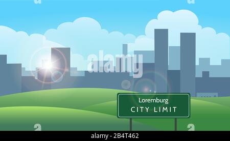 Summer landscape with city on horizon. Panoramic banner with meadows and road sign City Limit. Vector illustration Stock Vector