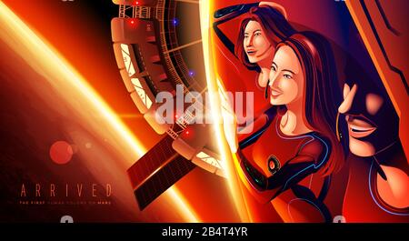 An imaginary illustration of the first group of the human colony has arrived at the Mars planet in vectoring art. Stock Vector
