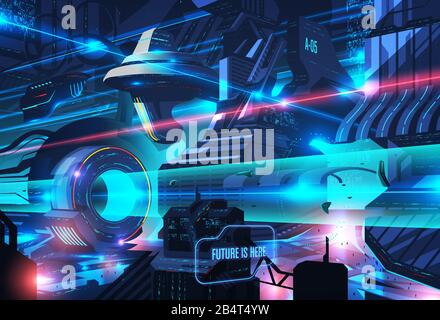 An imagery illustration of a futuristic city in vectoring art Stock Vector