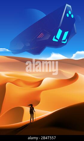 A vector illustration of the science fiction scene of the massive spaceship flying over the desert that has the woman walking on the top of the dune. Stock Vector