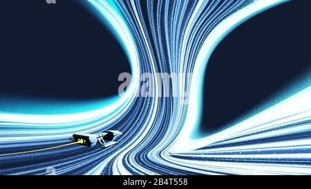 An imaginary sci-fi illustration of the spaceship time-traveling through at the middle between 2 supermassive black holes. Stock Vector