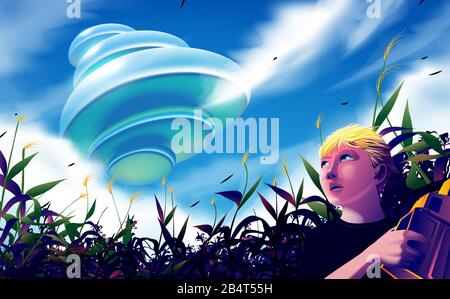 An imaginary science fiction illustration of the boy playing in the cornfield and seeing the UFO that flying above the clouds. Stock Vector