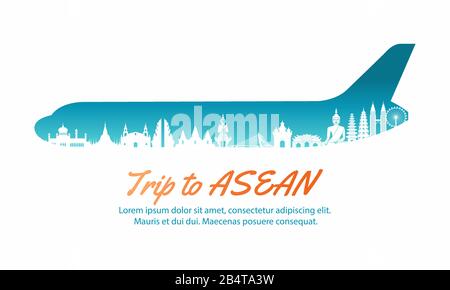 ASEAN landmark inside with plane shape in concept art by silhouette style,vector illustration Stock Vector