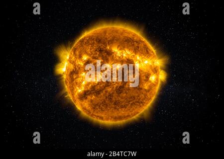Sun Star in the Starry Sky of Solar System in Space. This image elements furnished by NASA. Stock Photo