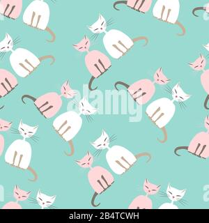 seamless pattern. drawn fat sphynx cats with closed eyes in pairs on a cyan background. pink cat, white cat. Stock Vector