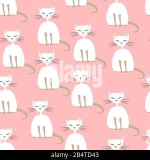 seamless pattern. many drawn white color thick cats with eyes closed sphynx breed on a pink background Stock Vector