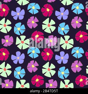 seamless pattern. many simple five-petalled flowers of violet, lilac, blue, burgundy and light turquoise on a dark background. Stock Vector