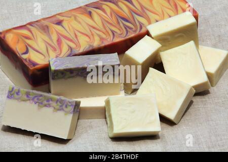 Handcrafted castille and bastille soap blocks and bars on display Stock Photo