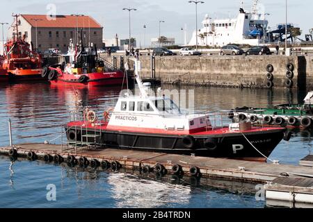 Vigo, Spain - Jan 24, 2020: Harbormaster boat moored in the port on January 24, 2020 in Vigo city, Pontevedra, Spain. Stock Photo