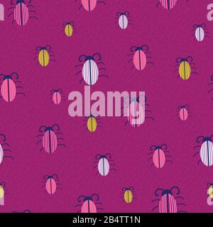 vibrant pink seamless vector pattern with striped beetles Stock Vector