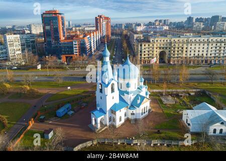 ST PETERSBURG, RUSSIA - NOVEMBER 05, 2018: View of the Church of the Nativity of Christ in Pulkovo Park on a sunny November morning (shot from a quadr Stock Photo