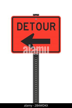 Vector illustration of the Detour Left Arrow orange road sign on metallic black post Stock Vector