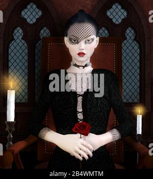 Gothic portrait of a fantasy woman with black dress and veil Stock Photo