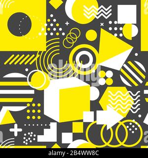 Geometric trendy memphis background, yellow seamless pattern with memphis shapes, vector modern graphic design Stock Vector