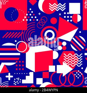 Seamless memphis pattern with geometric shapes, funky blue vector background Stock Vector
