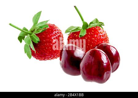 Strawberry berries with cherries on a white background. Stock Photo
