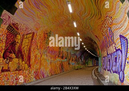 Volunteer artists paint a wall mural as part of a community ...