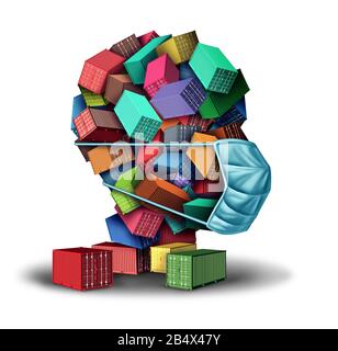 Shipping and health cargo freight hygiene concept and virus contamination on a  shipment as a group of transport containers with a surgical mask. Stock Photo