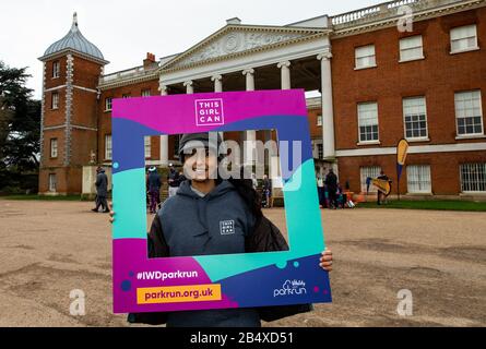 Konnie Huq celebrates International Women’s Day early by taking part in their local IWD Parkrun in collaboration with This Girl Can at Osterley Park, London. Stock Photo