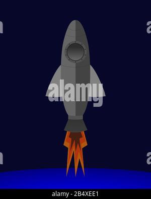 Simple gray rocket with engine firing, traveling vertically into space. A planet's horizon is in the background. Stock Vector